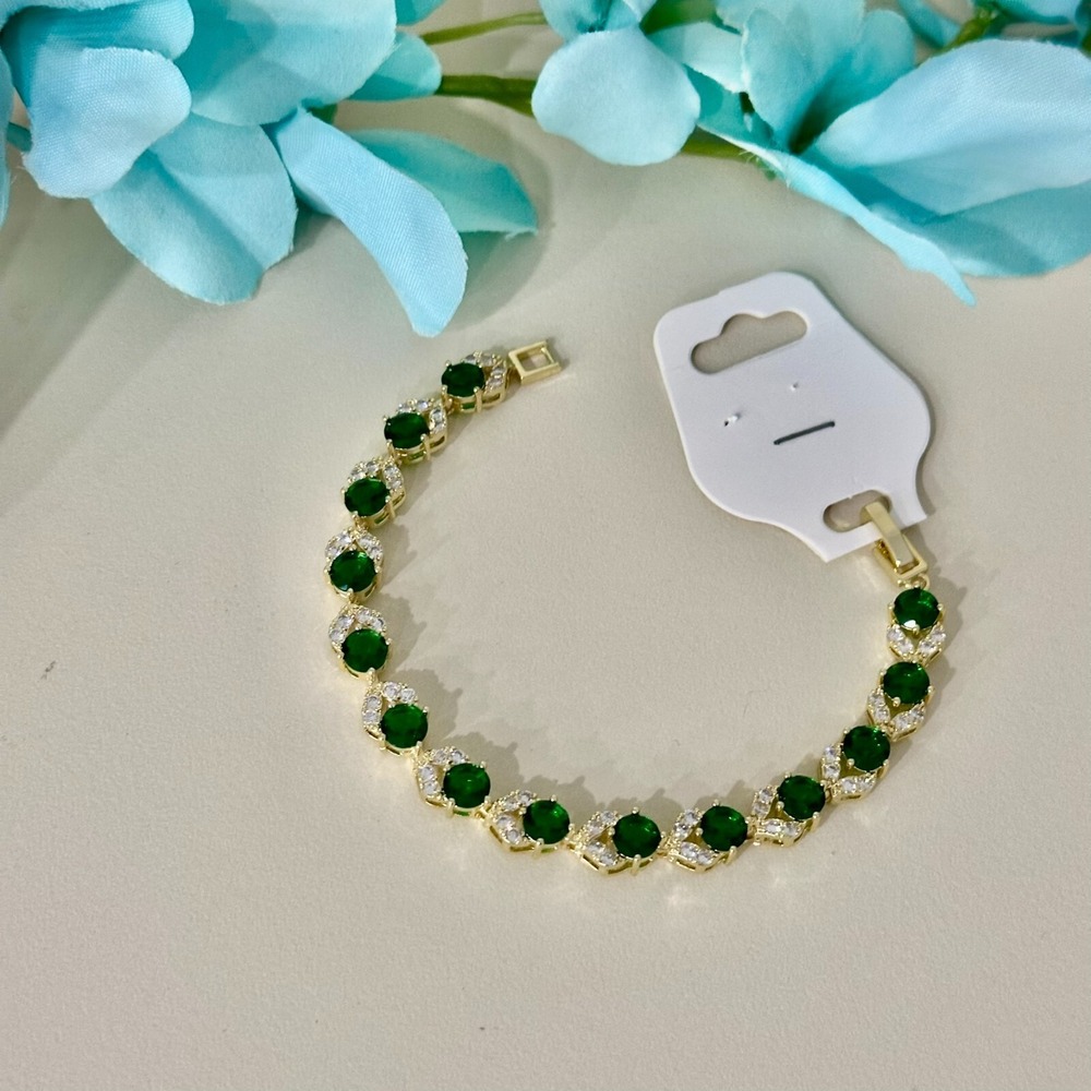 14K Gold‎ Plated Womens Bracelet Icy Green & Clear C. Zirconia Oro Laminado 7''